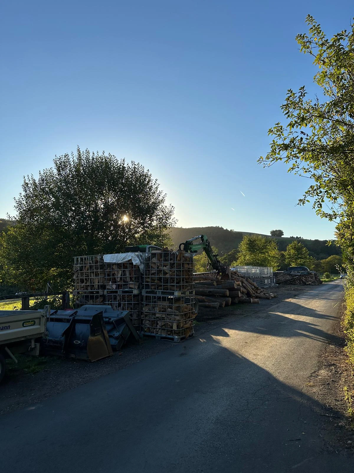 Holzplatz in der Abendsonne mit Gitterboxen voller Brennholz und Stammholz